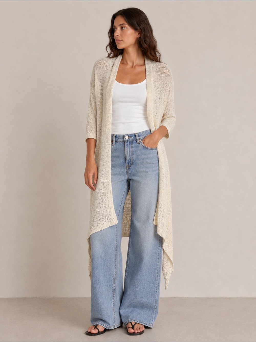 Peter Nygard White Knit Open-Weave Cardigan Sweater Waterfall Hem Size Small